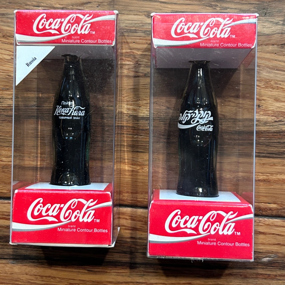Coca-Cola miniature contour bottles. 1995. Set of 2. Russia & Israel-Hebrew.